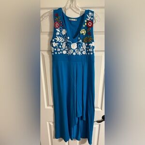 Floral Embroidered High Low Dress in Blue